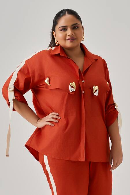 Neetiandmudita_Orange Cotton Embellished Cupid Heart Collar Neck Metal Shirt _Online_at_Aza_Fashions