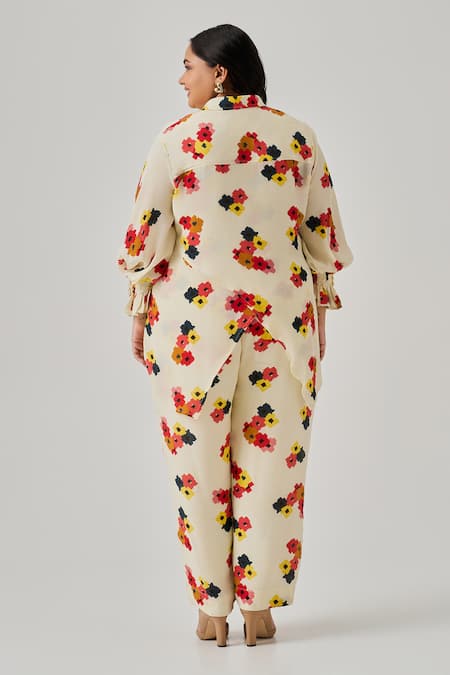 Shop Neetiandmudita Multi Color Crepe Print Mosaic Flora Collar Neck Dune Dream Shirt at Aza Fashions Shop_Neetiandmudita_Multi Color Crepe Print Mosaic Flora Collar Neck Dune Dream Shirt _at_Aza_Fashions