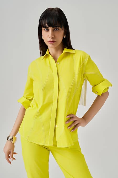 neetiandmudita Yellow Cotton Embellished Fringed Tassel Collar Neck Shirt 