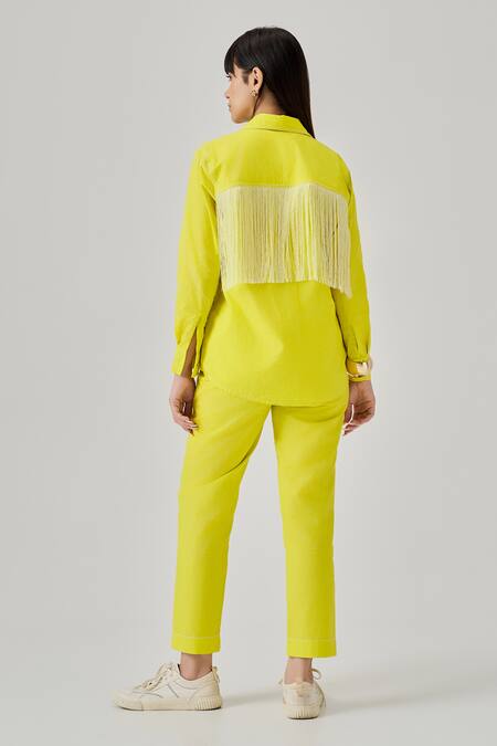 Shop Neetiandmudita Yellow Cotton Embellished Fringed Tassel Collar Neck Shirt at Aza Fashions Shop_Neetiandmudita_Yellow Cotton Embellished Fringed Tassel Collar Neck Shirt _at_Aza_Fashions