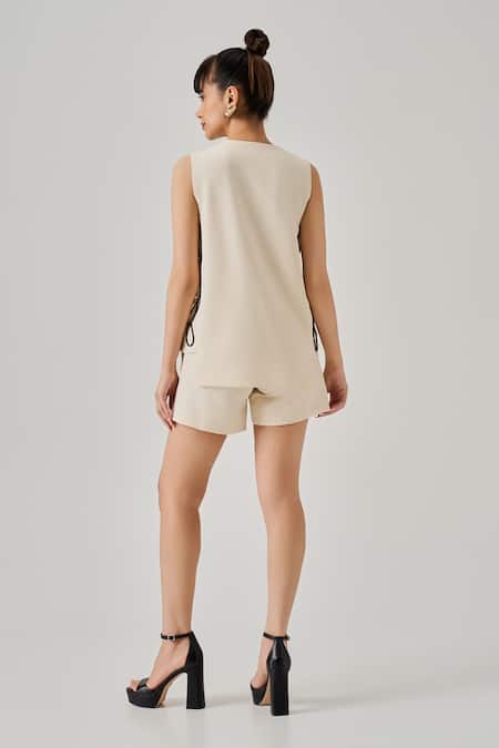 Shop_Neetiandmudita_Ivory Italian Crepe Embellished Cord Round Neck Wave Detail Top _at_Aza_Fashions