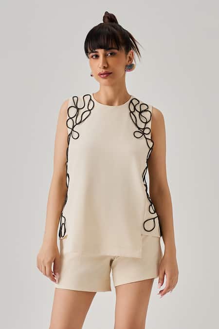 Neetiandmudita_Ivory Italian Crepe Embellished Cord Round Neck Wave Detail Top _Online_at_Aza_Fashions