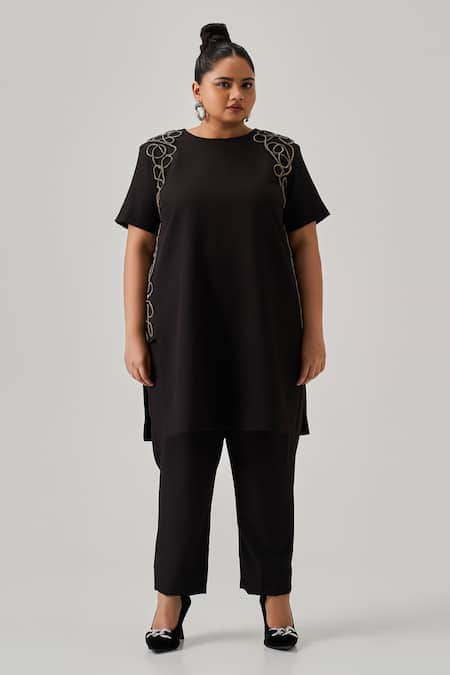 neetiandmudita Black Italian Crepe Embellished Rhinestone Cord Round Neck Tunic 