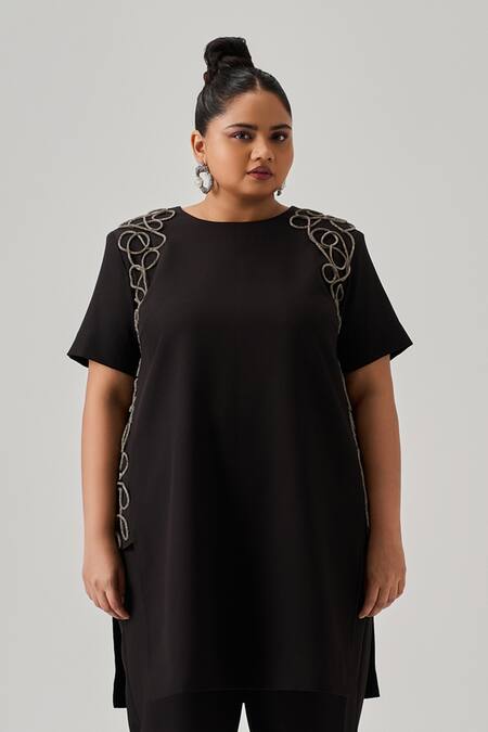 Neetiandmudita Black Crepe Rhinestones Round Neck Cord Embellished Tunic Online at Aza Fashions Neetiandmudita_Black Crepe Rhinestones Round Neck Cord Embellished Tunic _Online_at_Aza_Fashions