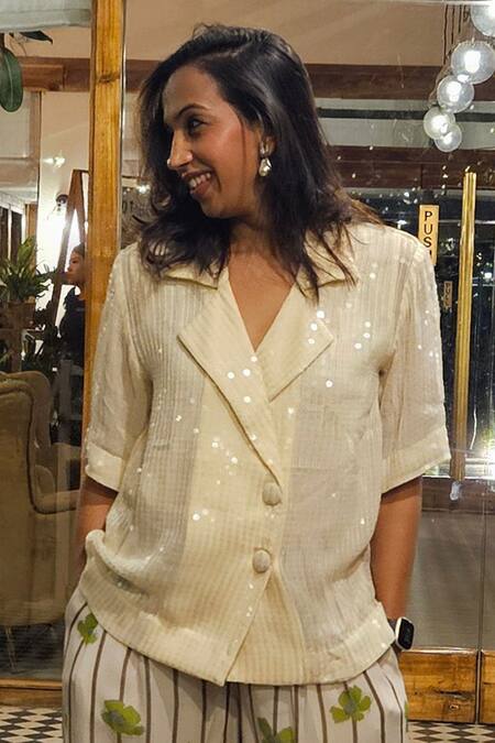 Neetiandmudita Ivory Georgette Embellished Sequin Camp Glitterati Double Breasted Shacket Online at Aza Fashions Neetiandmudita_Ivory Georgette Embellished Sequin Camp Glitterati Double Breasted Shacket _Online_at_Aza_Fashions