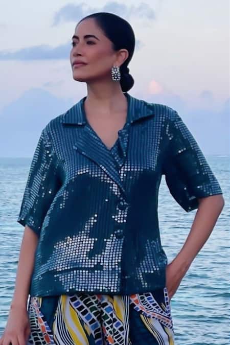 Shop Neetiandmudita Blue Georgette Embellished Sequin Camp Glitterati Double Breasted Shacket at Aza Fashions Shop_Neetiandmudita_Blue Georgette Embellished Sequin Camp Glitterati Double Breasted Shacket _at_Aza_Fashions