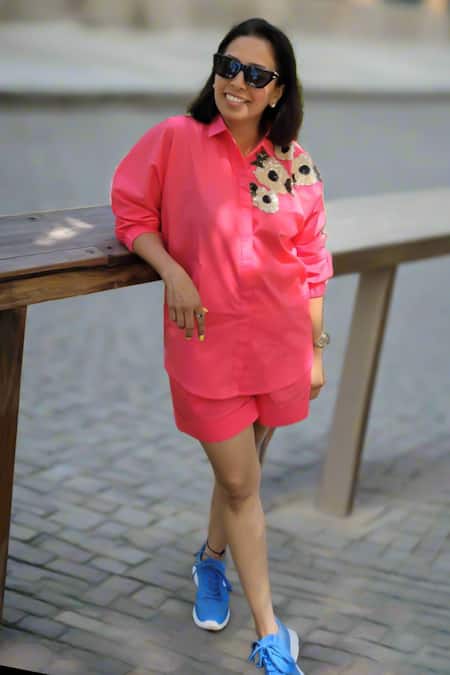 Shop Neetiandmudita Pink Cotton Embellished Sequin Collar Neck Layla Flora Shirt at Aza Fashions Shop_Neetiandmudita_Pink Cotton Embellished Sequin Collar Neck Layla Flora Shirt _at_Aza_Fashions