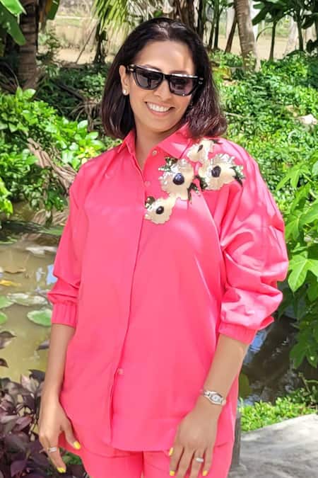 Neetiandmudita Pink Cotton Embellished Sequin Collar Neck Layla Flora Shirt Online at Aza Fashions Neetiandmudita_Pink Cotton Embellished Sequin Collar Neck Layla Flora Shirt _Online_at_Aza_Fashions