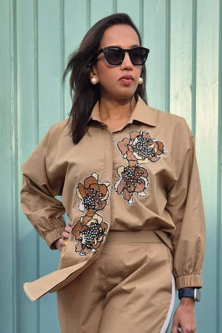 neetiandmudita Brown Cotton Embroidery Patch Collar Neck Levi Flora Shirt 