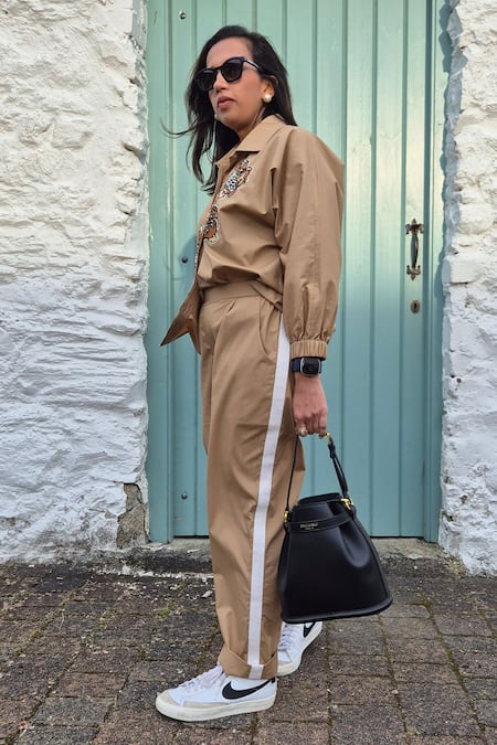 Shop Neetiandmudita Brown Cotton Embroidery Collared Levi Flora Patch Shirt at Aza Fashions Shop_Neetiandmudita_Brown Cotton Embroidery Collared Levi Flora Patch Shirt _at_Aza_Fashions