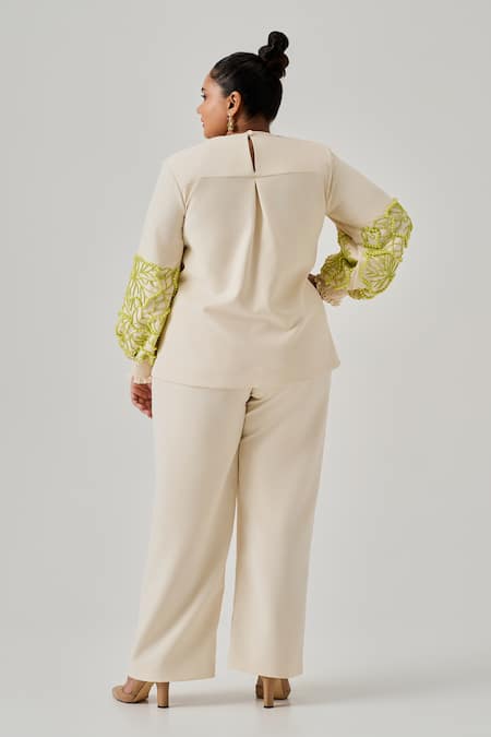 Shop Neetiandmudita Ivory Crepe Pearls, Beads V-neck Moonstone Foliage Embroidered Top at Aza Fashions Shop_Neetiandmudita_Ivory Crepe Pearls, Beads V-neck Moonstone Foliage Embroidered Top _at_Aza_Fashions