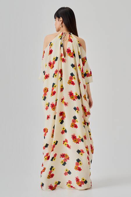 Shop_Neetiandmudita_Multi Color Crepe Print Abstract Motif Halter Neck Aligne Kaftan _at_Aza_Fashions