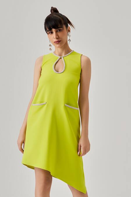 Neetiandmudita Green Italian Crepe Placement Embellished Rhinestone Closed Round Dress Online at Aza Fashions Neetiandmudita_Green Italian Crepe Placement Embellished Rhinestone Closed Round Dress _Online_at_Aza_Fashions