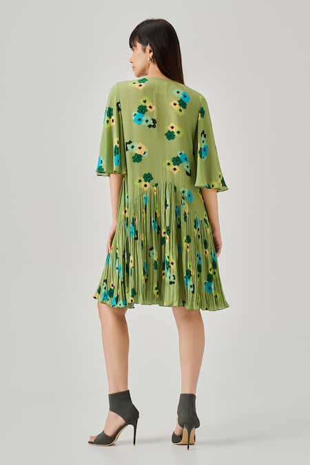 Shop_Neetiandmudita_Multi Color Crepe Print Abstract Motif Collared Neck Dress _at_Aza_Fashions