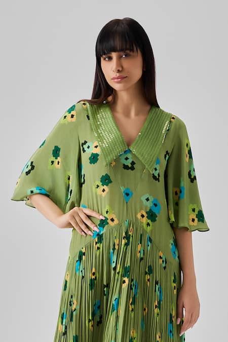 Neetiandmudita_Multi Color Crepe Print Abstract Motif Collared Neck Dress _Online_at_Aza_Fashions