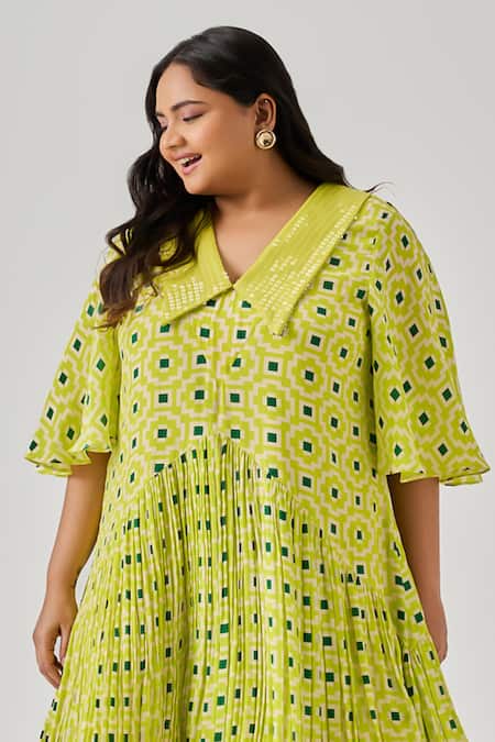 Neetiandmudita_Multi Color Crepe Print Geometric Motif Collared Neck Dress _Online_at_Aza_Fashions