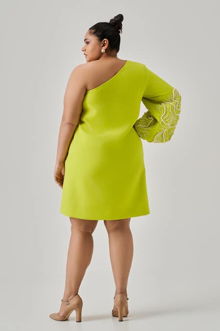 Shop Neetiandmudita Green Italian Crepe Placement Embroidery Pearl Asymmetric Neck Moonstone Dress at Aza Fashions Shop_Neetiandmudita_Green Italian Crepe Placement Embroidery Pearl Asymmetric Neck Moonstone Dress _at_Aza_Fashions