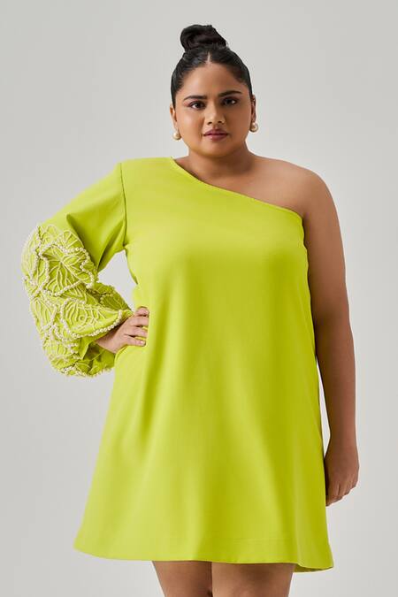 Neetiandmudita Green Italian Crepe Placement Embroidery Pearl Asymmetric Neck Moonstone Dress Online at Aza Fashions Neetiandmudita_Green Italian Crepe Placement Embroidery Pearl Asymmetric Neck Moonstone Dress _Online_at_Aza_Fashions