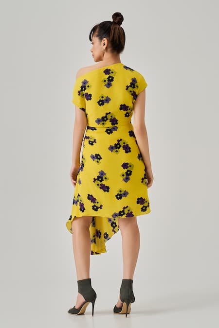 Shop Neetiandmudita Multi Color Crepe Print Abstract Motif Asymmetric Neck Zenith Draped Dress at Aza Fashions Shop_Neetiandmudita_Multi Color Crepe Print Abstract Motif Asymmetric Neck Zenith Draped Dress _at_Aza_Fashions