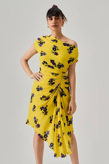 Neetiandmudita Multi Color Crepe Print Abstract Motif Asymmetric Neck Zenith Draped Dress Online at Aza Fashions Neetiandmudita_Multi Color Crepe Print Abstract Motif Asymmetric Neck Zenith Draped Dress _Online_at_Aza_Fashions
