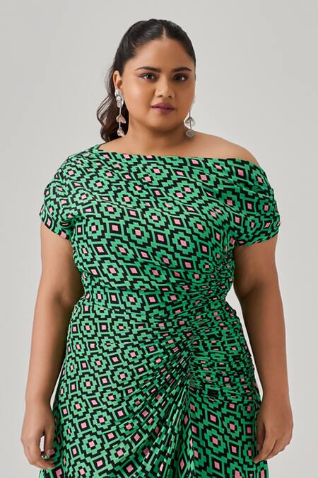 Neetiandmudita Multi Color Crepe Print Geometric Motif Asymmetric Neck Zenith Draped Dress Online at Aza Fashions Neetiandmudita_Multi Color Crepe Print Geometric Motif Asymmetric Neck Zenith Draped Dress _Online_at_Aza_Fashions