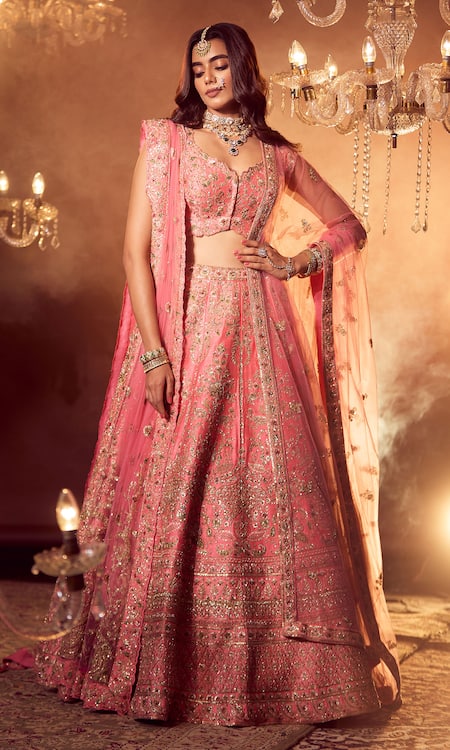 Azeera Coral Embroidered Leaf Neck Smriti Bridal Lehenga Set 