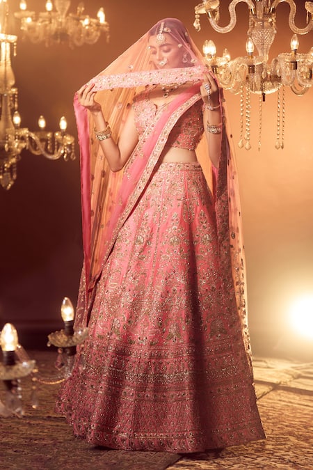 Shop Azeera Coral Silk, Georgette Embroidery, Sequins, Zari Smriti Bridal Lehenga Set at Aza Fashions Shop_Azeera_Coral Silk, Georgette Embroidery, Sequins, Zari Smriti Bridal Lehenga Set _at_Aza_Fashions