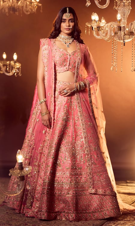 Buy Azeera Coral Silk, Georgette Embroidery, Sequins, Zari Smriti Bridal Lehenga Set Online at Aza Fashions Buy_Azeera_Coral Silk, Georgette Embroidery, Sequins, Zari Smriti Bridal Lehenga Set _Online_at_Aza_Fashions