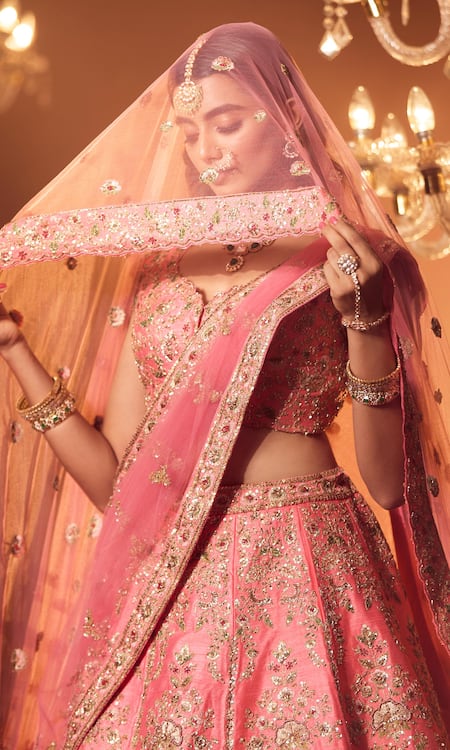 Shop Azeera Coral Silk, Georgette Embroidery, Sequins, Zari Smriti Bridal Lehenga Set Online at Aza Fashions Shop_Azeera_Coral Silk, Georgette Embroidery, Sequins, Zari Smriti Bridal Lehenga Set _Online_at_Aza_Fashions