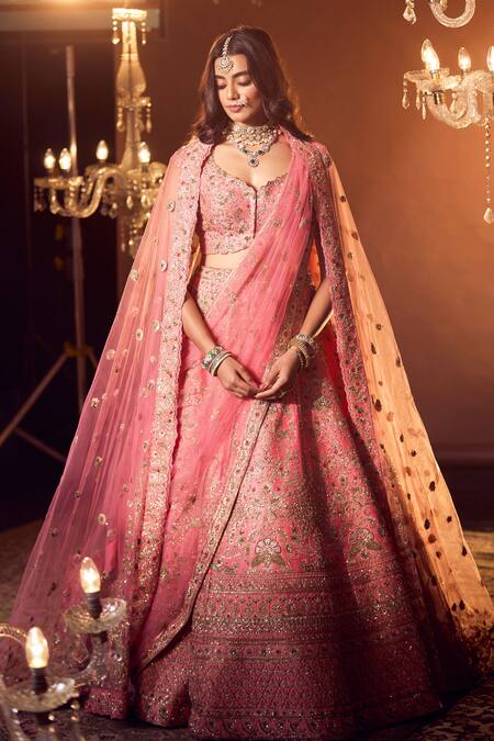 Azeera Coral Silk, Georgette Embroidery, Sequins, Zari Smriti Bridal Lehenga Set at Aza Fashions Azeera_Coral Silk, Georgette Embroidery, Sequins, Zari Smriti Bridal Lehenga Set _at_Aza_Fashions