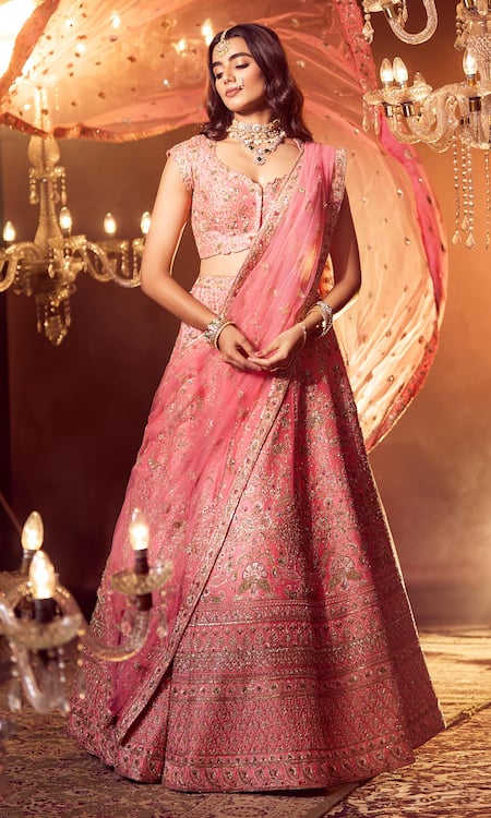 Buy Azeera Coral Silk, Georgette Embroidery, Sequins, Zari Smriti Bridal Lehenga Set Buy_Azeera_Coral Silk, Georgette Embroidery, Sequins, Zari Smriti Bridal Lehenga Set