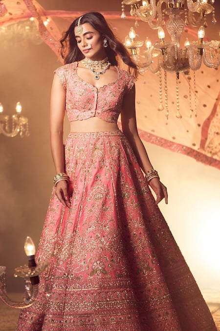 Shop Azeera Coral Silk, Georgette Embroidery, Sequins, Zari Smriti Bridal Lehenga Set Shop_Azeera_Coral Silk, Georgette Embroidery, Sequins, Zari Smriti Bridal Lehenga Set