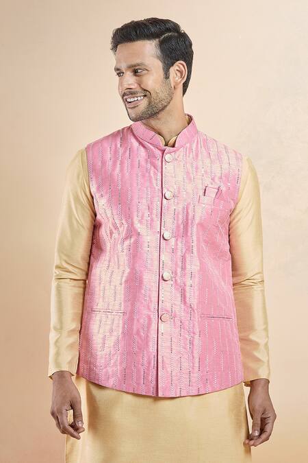Buy_Arihant Rai Sinha_Pink Silk Sequins, Cut Work Cutdana Embroidered Bundi _Online_at_Aza_Fashions