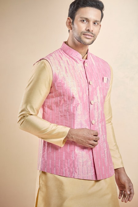 Shop_Arihant Rai Sinha_Pink Silk Sequins, Cut Work Cutdana Embroidered Bundi _Online_at_Aza_Fashions