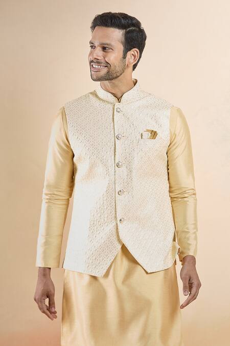 Shop Arihant Rai Sinha Gold Silk Sequins Embroidered Bundi Online at Aza Fashions Shop_Arihant Rai Sinha_Gold Silk Sequins Embroidered Bundi _Online_at_Aza_Fashions