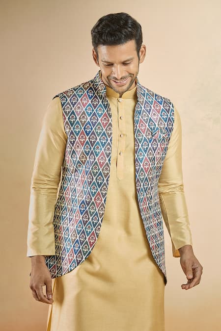 Buy_Arihant Rai Sinha_Blue Jacquard Multicolored Floral Bundi _Online_at_Aza_Fashions