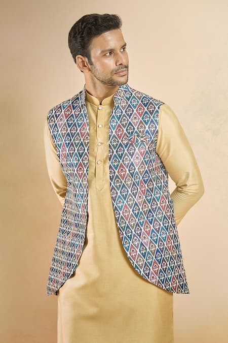 Shop_Arihant Rai Sinha_Blue Jacquard Multicolored Floral Bundi _Online_at_Aza_Fashions