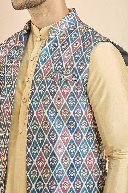 Buy_Arihant Rai Sinha_Blue Jacquard Multicolored Floral Bundi 