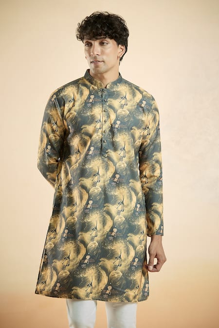 Buy_Arihant Rai Sinha_Black Cotton Embroidery Shiva Print Short Kurta _Online_at_Aza_Fashions