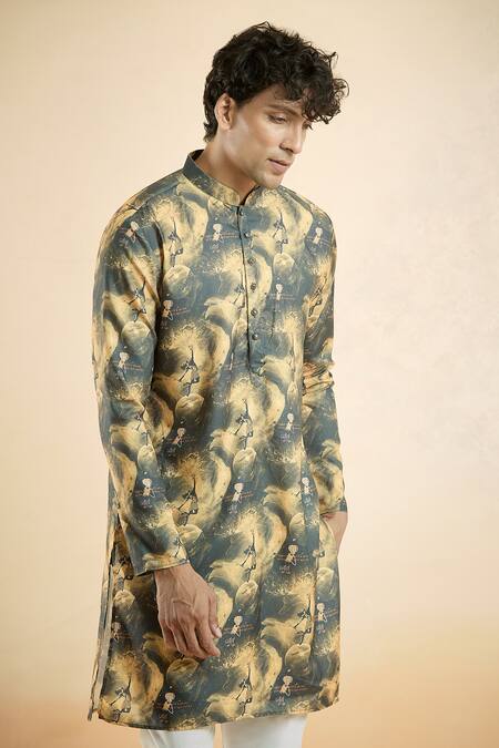 Shop_Arihant Rai Sinha_Black Cotton Embroidery Shiva Print Short Kurta _Online_at_Aza_Fashions