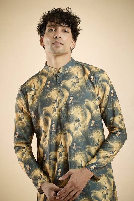 Arihant Rai Sinha_Black Cotton Embroidery Shiva Print Short Kurta _at_Aza_Fashions