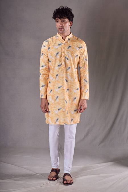 Arihant Rai Sinha_Yellow Cotton Peacock Feather Print Kurta _Online_at_Aza_Fashions