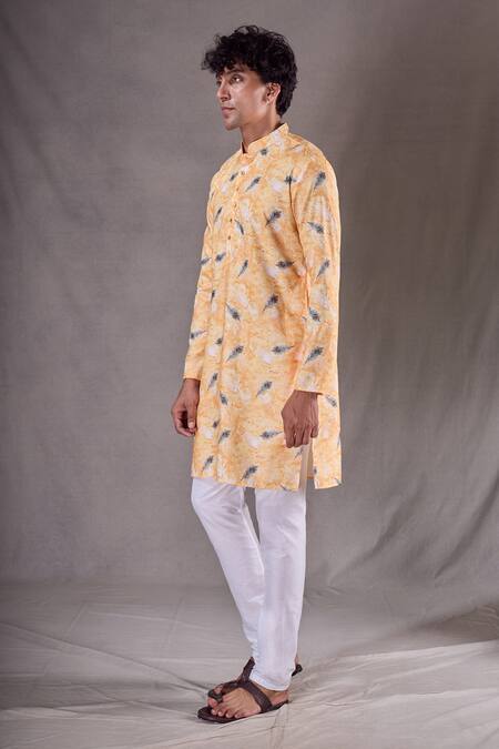 Buy_Arihant Rai Sinha_Yellow Cotton Peacock Feather Print Kurta _Online_at_Aza_Fashions