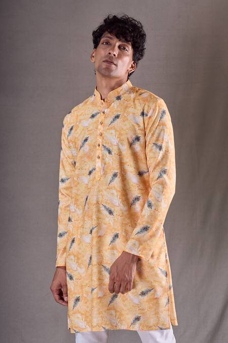 Shop_Arihant Rai Sinha_Yellow Cotton Peacock Feather Print Kurta _Online_at_Aza_Fashions