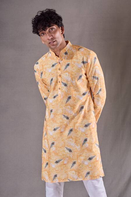 Arihant Rai Sinha_Yellow Cotton Peacock Feather Print Kurta _at_Aza_Fashions