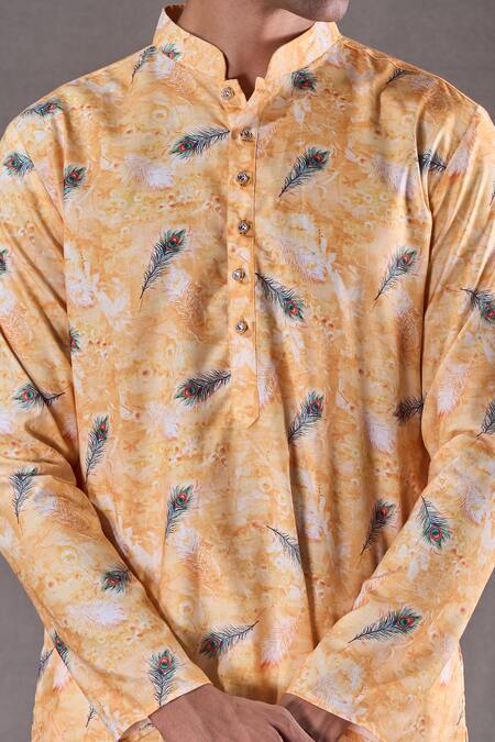 Buy_Arihant Rai Sinha_Yellow Cotton Peacock Feather Print Kurta 