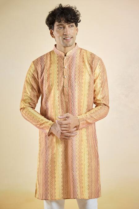 Arihant Rai Sinha_Yellow Jacquard Chevron Pattern Straight Kurta _Online_at_Aza_Fashions