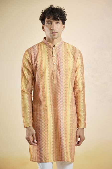 Buy_Arihant Rai Sinha_Yellow Jacquard Chevron Pattern Straight Kurta _Online_at_Aza_Fashions