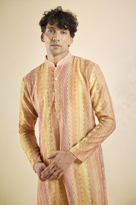 Shop_Arihant Rai Sinha_Yellow Jacquard Chevron Pattern Straight Kurta _Online_at_Aza_Fashions
