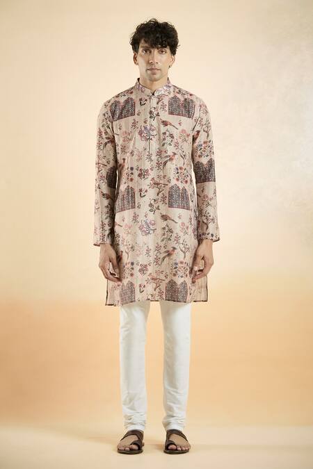 Arihant Rai Sinha_Brown Jacquard Floral Bird Pattern Kurta_Online_at_Aza_Fashions